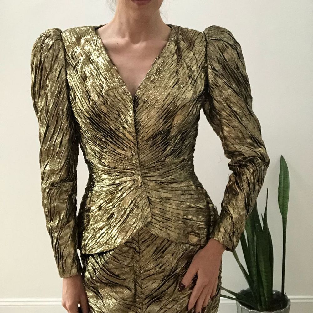 Vintage 80s Gold Lamé puff sleeve pencil skirt suit